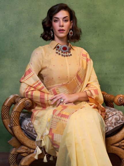 SAREE MALL Women's Silk Blend Yellow Woven Design Designer Saree With Blouse Piece