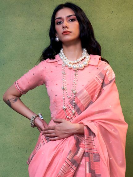 SAREE MALL Women's Silk Blend Pink Woven Design Designer Saree With Blouse Piece