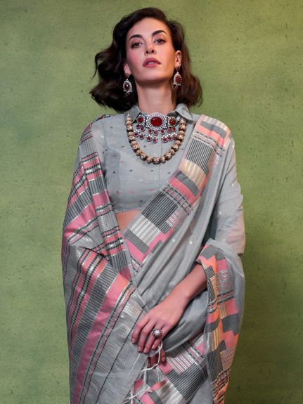 SAREE MALL Women's Silk Blend Grey Woven Design Designer Saree With Blouse Piece