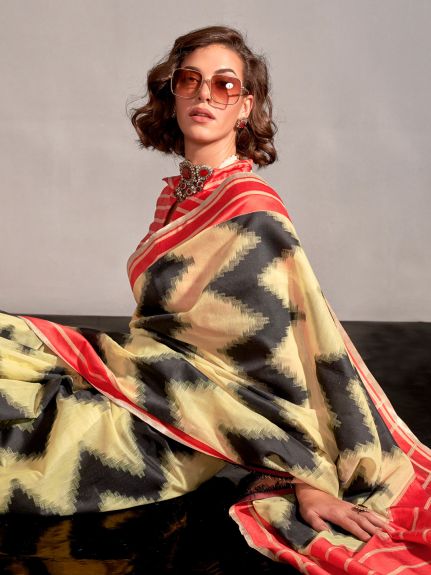 SAREE MALL Women's Silk Blend Yellow Woven Design Designer Saree With Blouse Piece