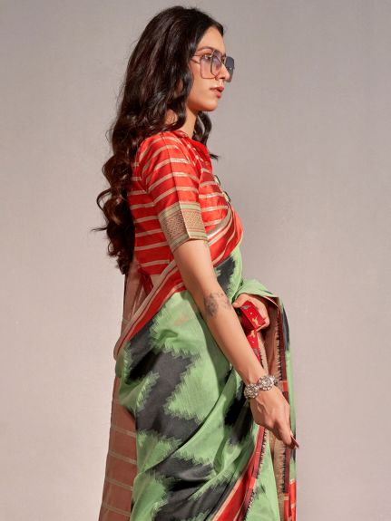 SAREE MALL Women's Silk Blend Light Green Woven Design Designer Saree With Blouse Piece