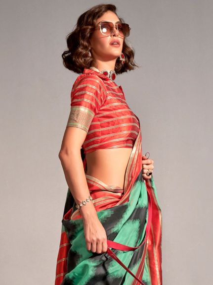 SAREE MALL Women's Silk Blend Sea Green Woven Design Designer Saree With Blouse Piece