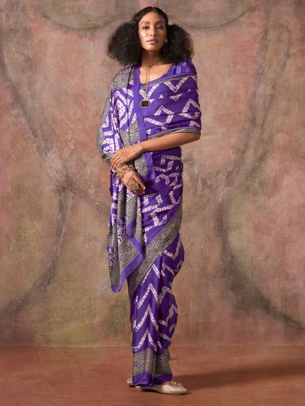 SAREE MALL Women's Satin Purple Printed Designer Saree With Blouse Piece