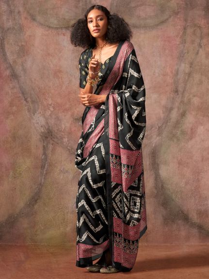 SAREE MALL Women's Satin Black Printed Designer Saree With Blouse Piece