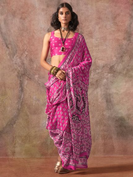 SAREE MALL Women's Satin Pink Printed Designer Saree With Blouse Piece