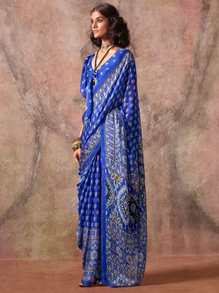 SAREE MALL Women's Satin Blue Printed Designer Saree With Blouse Piece