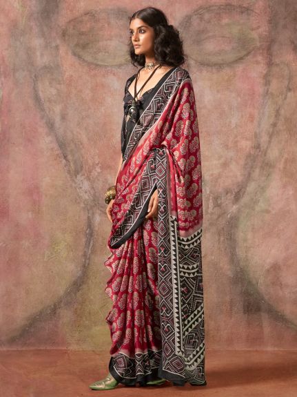 SAREE MALL Women's Satin Maroon Printed Designer Saree With Blouse Piece