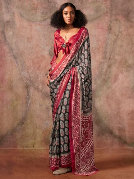 SAREE MALL Women's Satin Black Printed Designer Saree With Blouse Piece