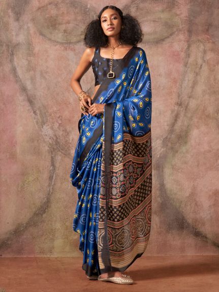 SAREE MALL Women's Satin Blue Printed Designer Saree With Blouse Piece