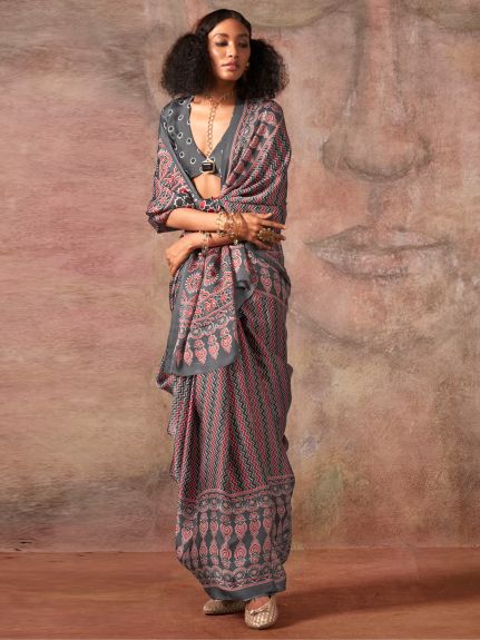 SAREE MALL Women's Satin Grey Printed Designer Saree With Blouse Piece