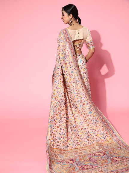 SAREEMALL Women's Silk Blend Beige WovenDesign CelebritySaree With Blouse Piece