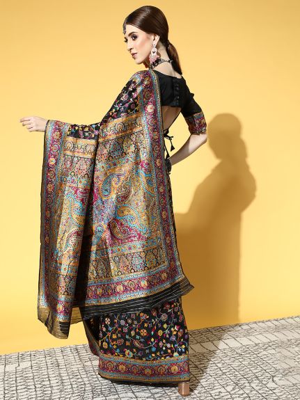 SAREEMALL Women's Silk Blend Black WovenDesign CelebritySaree With Blouse Piece