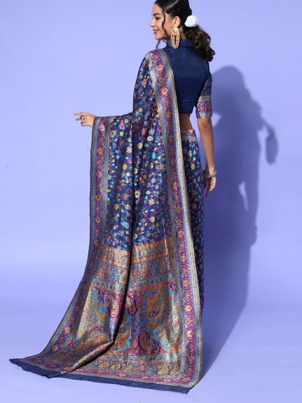 SAREEMALL Women's Silk Blend NavyBlue WovenDesign CelebritySaree With Blouse Piece