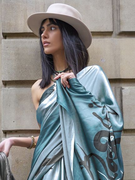 SAREE MALL Women's Satin Blue Printed Designer Saree With Blouse Piece