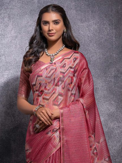 SAREE MALL Women's Linen Blend Pink Woven Design Designer Saree With Blouse Piece
