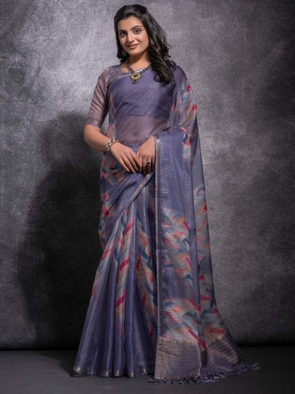 SAREE MALL Women's Linen Blend Lavendar Woven Design Designer Saree With Blouse Piece