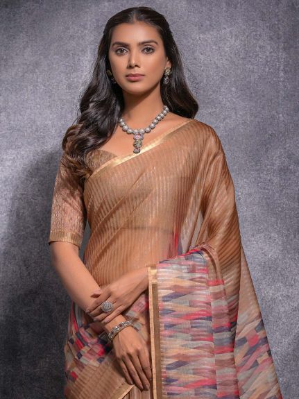 SAREE MALL Women's Linen Blend Beige Woven Design Designer Saree With Blouse Piece