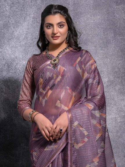 SAREE MALL Women's Linen Blend Purple Woven Design Designer Saree With Blouse Piece