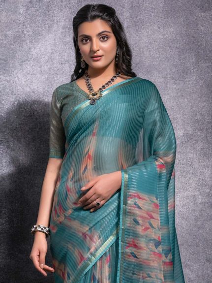 SAREE MALL Women's Linen Blend Teal blue Woven Design Designer Saree With Blouse Piece