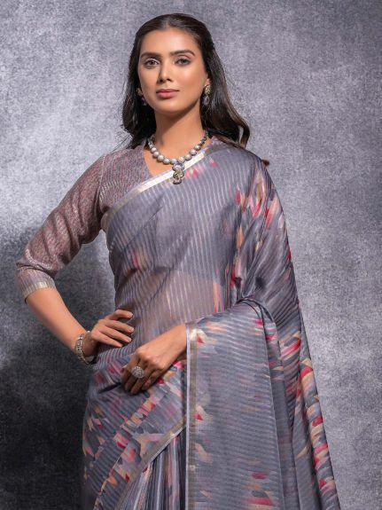 SAREE MALL Women's Linen Blend Grey Woven Design Designer Saree With Blouse Piece
