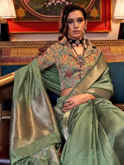 SAREE MALL Women's Chiffon Light Green Woven Design Designer Saree With Blouse Piece