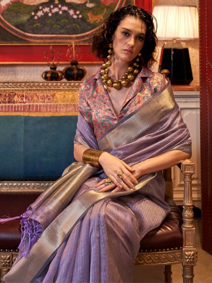 SAREE MALL Women's Chiffon Lavendar Woven Design Designer Saree With Blouse Piece