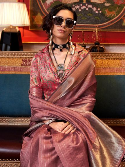 SAREE MALL Women's Chiffon Brown Woven Design Designer Saree With Blouse Piece