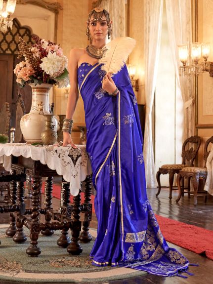 SAREE MALL Women's Satin Silk Navy Blue Woven Design Designer Saree With Blouse Piece