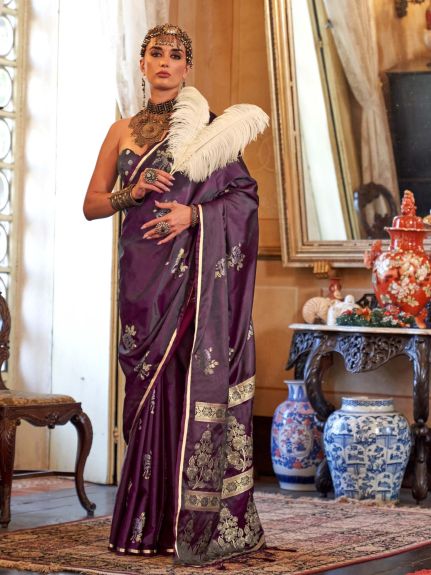 SAREE MALL Women's Satin Silk Burgundy Woven Design Designer Saree With Blouse Piece