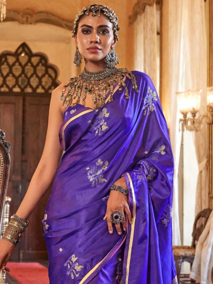 SAREE MALL Women's Satin Silk Indigo Woven Design Designer Saree With Blouse Piece
