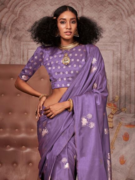 SAREE MALL Women's Satin Silk Purple Woven Design Designer Saree With Blouse Piece