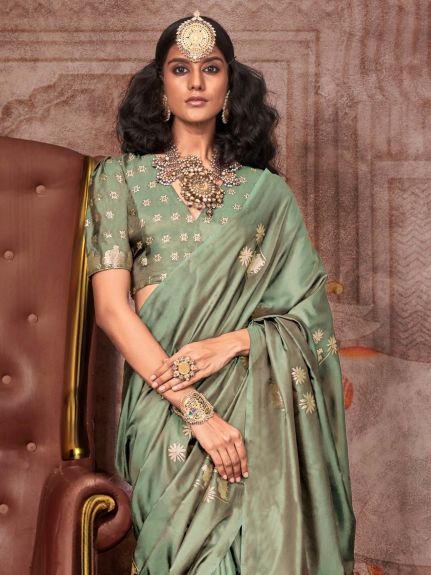 SAREE MALL Women's Satin Silk Light Green Woven Design Designer Saree With Blouse Piece