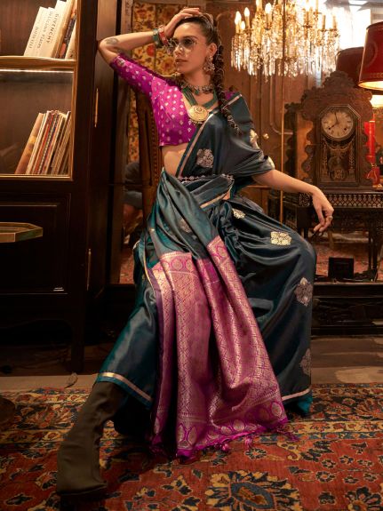 SAREE MALL Women's Satin Silk Dark Green Woven Design Designer Saree With Blouse Piece