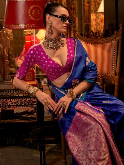 SAREE MALL Women's Satin Silk Blue Woven Design Designer Saree With Blouse Piece