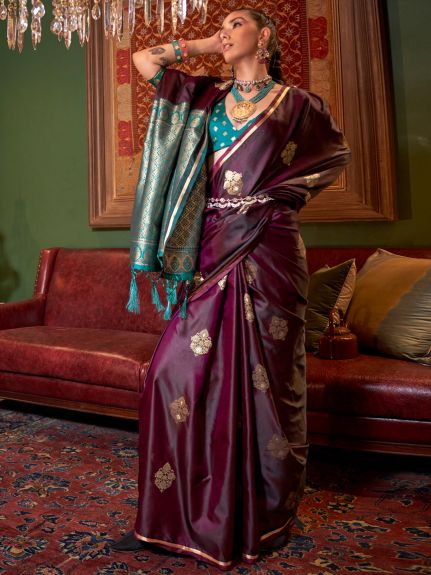 SAREE MALL Women's Satin Silk Burgundy Woven Design Designer Saree With Blouse Piece