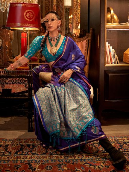 SAREE MALL Women's Satin Silk Purple Woven Design Designer Saree With Blouse Piece