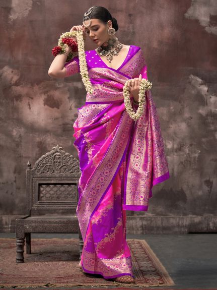 SAREE MALL Women's Silk Blend Pink Woven Design Designer Saree With Blouse Piece