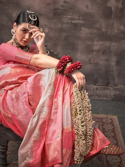 SAREE MALL Women's Silk Blend Peach Woven Design Designer Saree With Blouse Piece