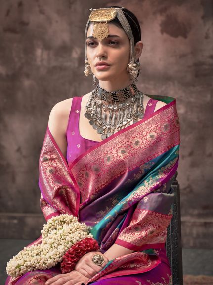 SAREE MALL Women's Silk Blend Teal blue Woven Design Designer Saree With Blouse Piece