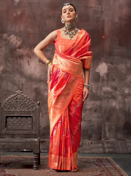 SAREE MALL Women's Silk Blend Red Woven Design Designer Saree With Blouse Piece