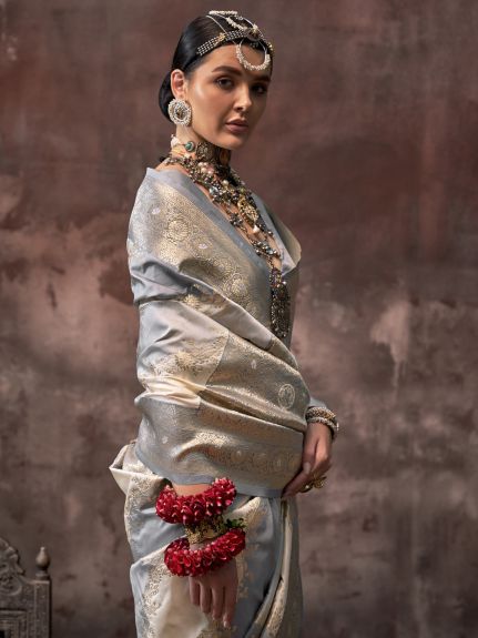 SAREE MALL Women's Silk Blend Grey Woven Design Designer Saree With Blouse Piece