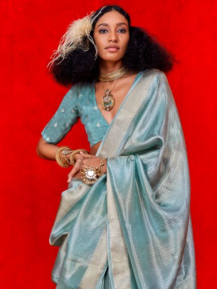 SAREE MALL Women's Viscose Light Blue Embellished Designer Saree With Blouse Piece