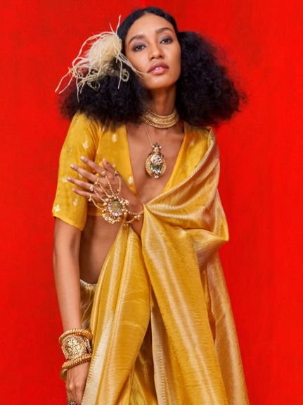 SAREE MALL Women's Viscose Gold Embellished Designer Saree With Blouse Piece