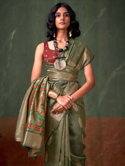 SAREE MALL Women's Tissue Olive Woven Design Designer Saree With Blouse Piece