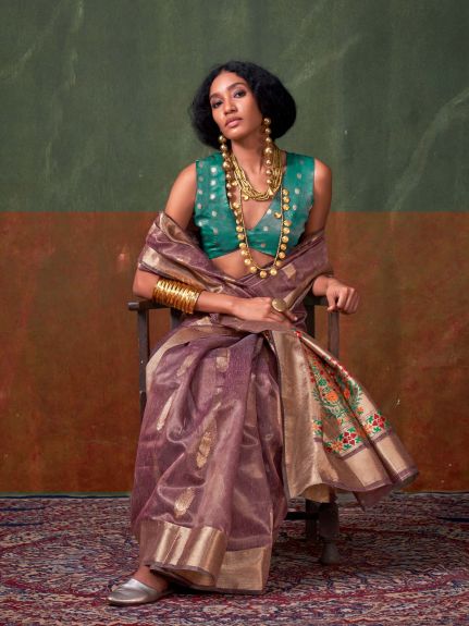 SAREE MALL Women's Tissue Mauve Woven Design Designer Saree With Blouse Piece