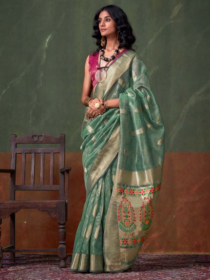 SAREE MALL Women's Tissue Teal green Woven Design Designer Saree With Blouse Piece