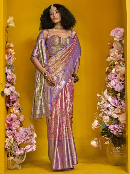 SAREE MALL Women's Kanjeevaram Silk Pink Woven Design Designer Saree With Blouse Piece