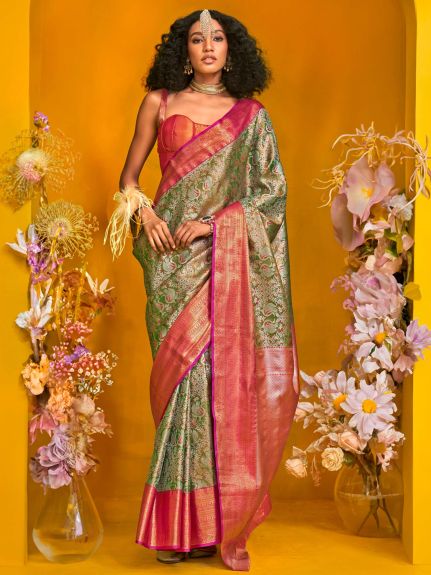 SAREE MALL Women's Kanjeevaram Silk Green Woven Design Designer Saree With Blouse Piece