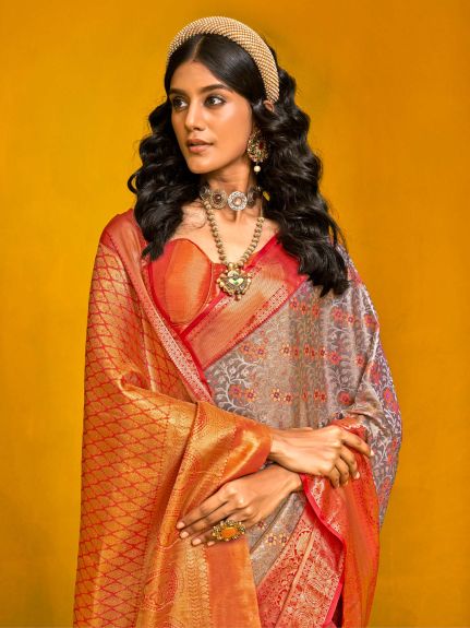 SAREE MALL Women's Kanjeevaram Silk Metallic Woven Design Designer Saree With Blouse Piece
