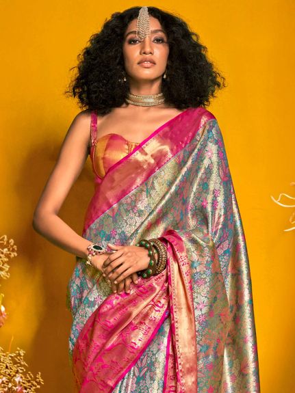 SAREE MALL Women's Kanjeevaram Silk Light Blue Woven Design Designer Saree With Blouse Piece